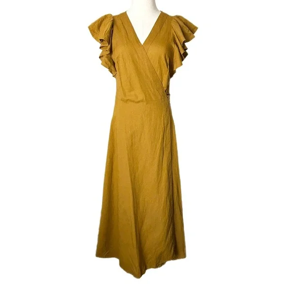 NEW Madewell Linen Blend Ruffle Sleeve Wrap Midi Dress Antique Gold NF934 Small - Picture 2 of 8